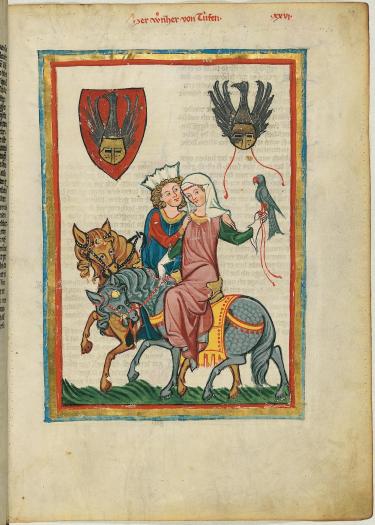 Die Illustration mit dem Titel Herr Wernher von Teufen aus dem Codex Manesse zeigt einen Mann und Frau in mittelalterlichem Gewand zu Pferd, die Frau hält einen Greifvogel.