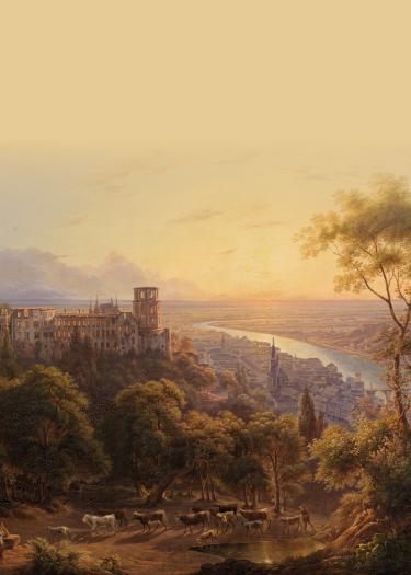 Historisches Gemälde, Ansicht von Heidelberg mit Schloss vor Sonnenuntergang