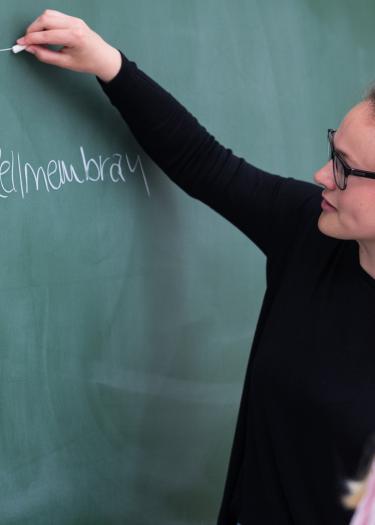 Lehrerin erklärt den Aufbau einer Zelle an einer Tafel