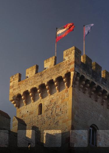 Bild, mittelalterlich anmutender Turm mit wehende Fahnen