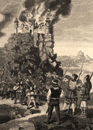Zerstörung im Bauernkrieg von 1525 – die brennende Burg Teck.