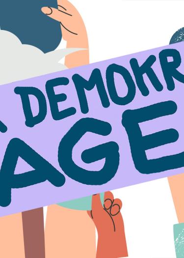 Ein lilanes Schild auf dem mit blauer Schrift „Mehr Demokratie wagen“ steht, wird von verschiedenen gezeichneten Händen verschiedener Hautfarben hochgehalten