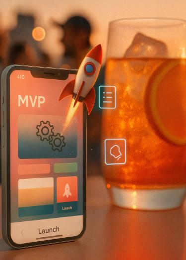 iPhone standing in a table with app design on display with MVP letters, a rocket illustration launching in the upper right corner of the phone, Apparol Spritz glasse with bokeh sharpness in the back and unsharp people gathering in the background