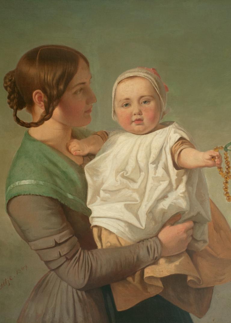 Gemälde, historisch, Frau mit kleinem Kind auf dem Arm, Bernsteinkette