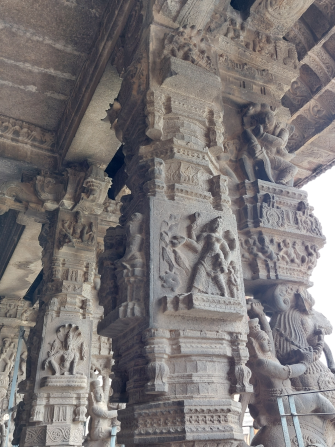 Pillars with reliefs depicting scenes from legends of the Varadaraja temple, Kanchipuram.