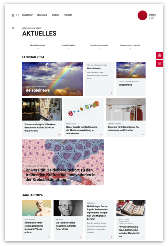 Für jede News ist eine kleine bebilderte oder mit Text versehene Kachel zu sehen, die zusätzlich den Titel der News trägt und die Seite verlinkt, die den Inhalt der News enthält.