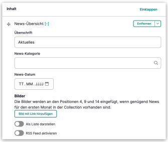 Screenshot des Backends mit mehreren Feldern wie Überschrift, News-Kategorie und News-Datum, sowie Schieberegler für Als Liste darstellen und RSS Feed aktivieren.
